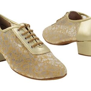 Light Gold and Leather Mesh Dance footwear shoes size 8 Cuban heel